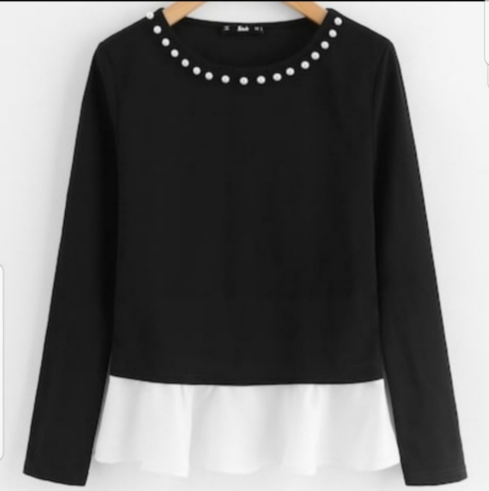 Classy Pearl Beading Neck Contrast Trip Top